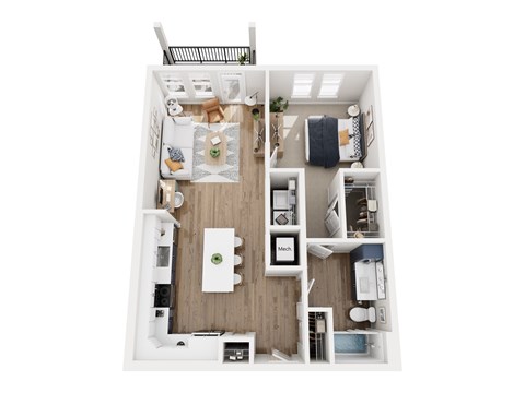 Floor plan for 1 bed, 1 bath, 835 sqft
